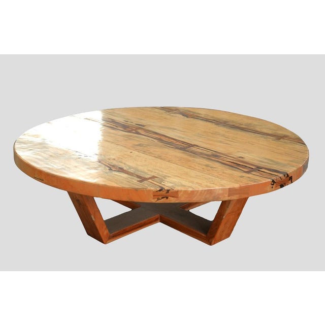 Monumental Artisan-Crafted Mixed Wood Round Coffee Table - A Statement of Organic Luxury Command attention and anchor your...
