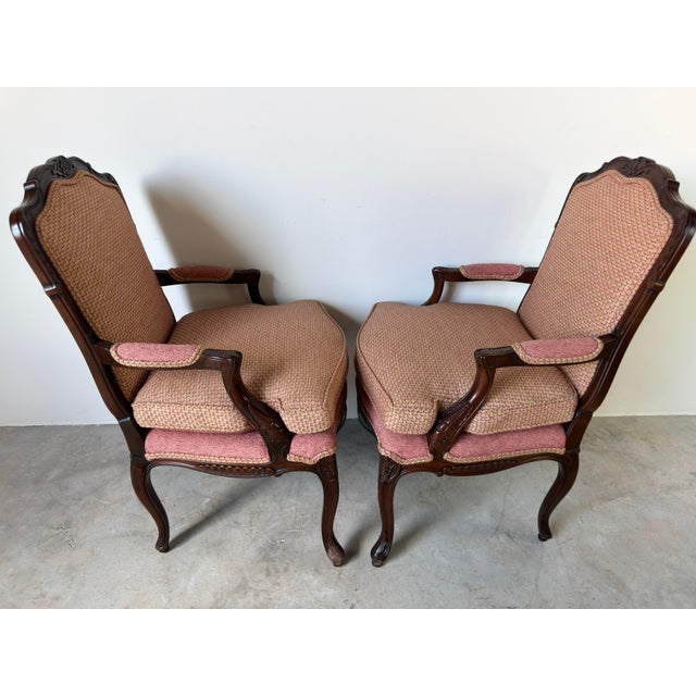 Vintage French Provincial Louis XV Style Carved Walnut Armchairs – A Pair For Sale - Image 4 of 11