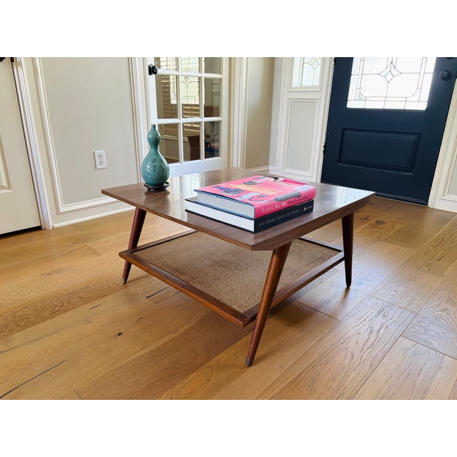 Imperial Furniture Mid-Century Modern Walnut Coffee Table With Woven Cane Shelf For Sale - Image 13 of 14