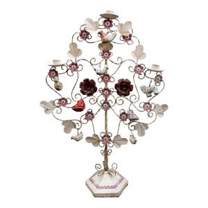 Mexican Vintage Folk Art Tree of Life Toleware Metal Candelabra Sculpture