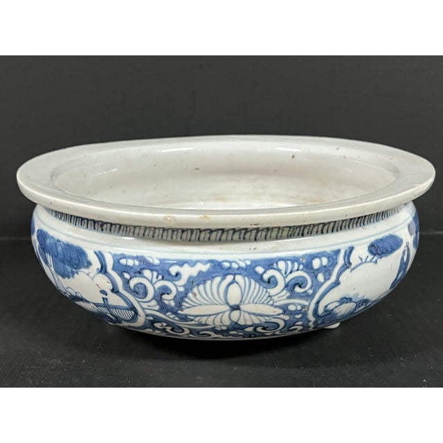 Ceramic Chinese Art Late 20th Century Porcelain Blue and White Incense Burner Floral and <ountain Scenery Design For Sale - Image 7 of 15