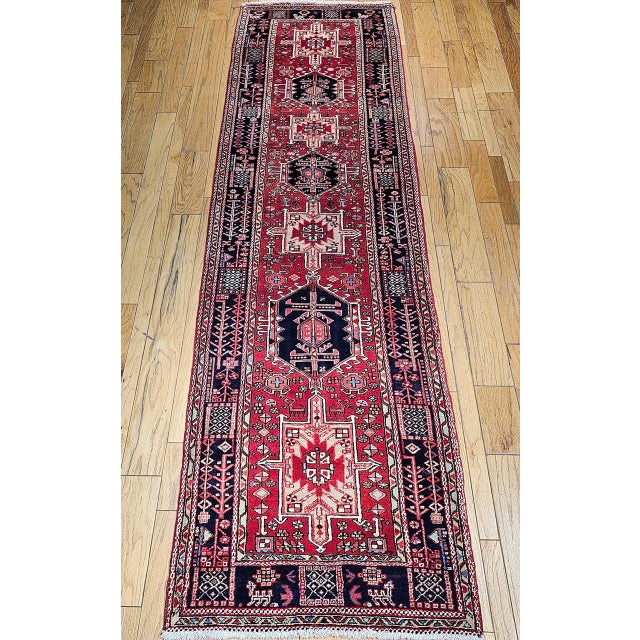 Antique Persian Heriz Karajeh Runner, Hand-Knotted Wool, Geometric Medallion Pattern, Red & Navy, 4x14 For Sale - Image 11 of 18