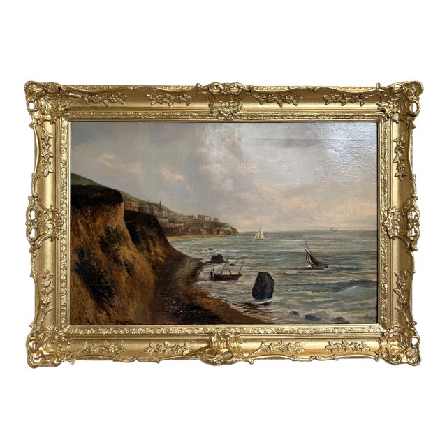 Antique 1881 Signed European Coastal Seascape Oil Painting Harbor Landscape - Signed For Sale