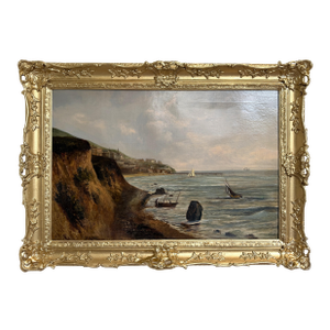 Antique 1881 Signed European Coastal Seascape Oil Painting Harbor Landscape - Signed