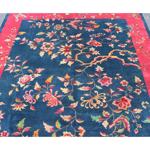Early 20th Century Blue Background Chinese Art Deco Rug With Large Vining Flowers and Leaves For Sale - Image 9 of 12
