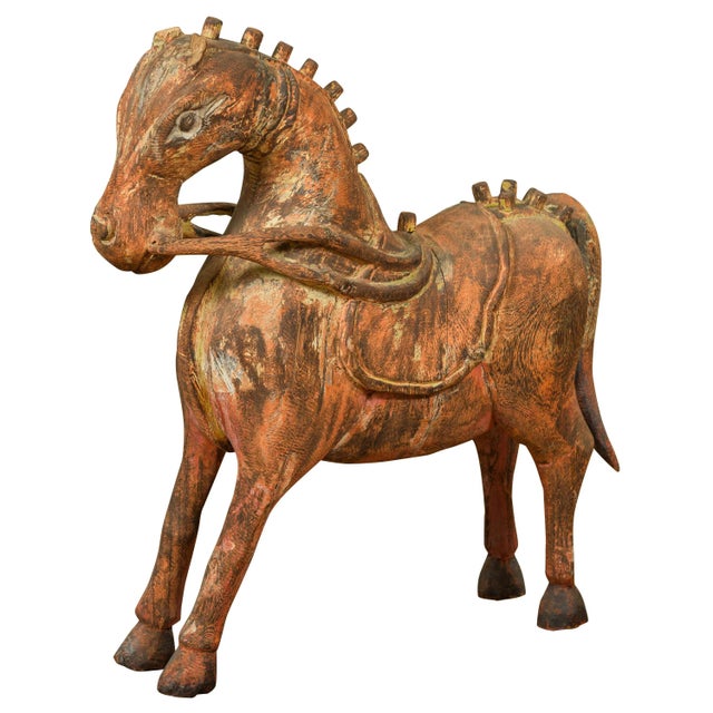 Mid 20th Century Small Vintage Indian Exterior Rust Colored and Carved Wooden Horse from Madras For Sale - Image 13 of 13