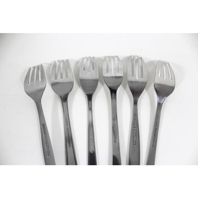 1960s Curated Set of 6 Mid Century Modern Stainless Steel Dinner Forks, Mismatched For Sale - Image 10 of 10