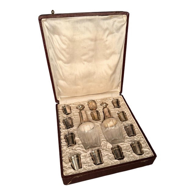 19th Century English Crystal Liquor Set in Silk-Lined Carrying Case - 14 pcs For Sale