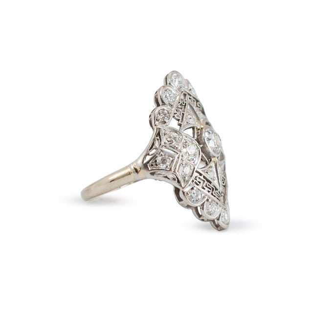 Modern Antique Edwardian Platinum 14k White Gold 1.09ct Diamond Filigree Cocktail Ring, Size 5 For Sale - Image 3 of 8