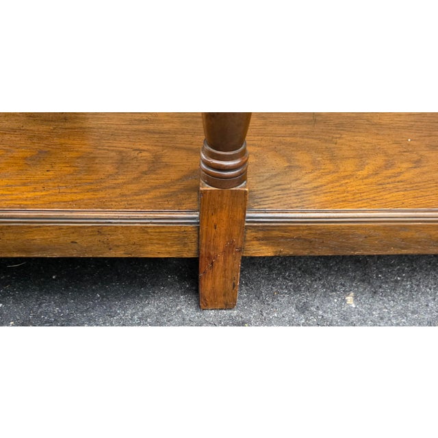 Late 20th Century Baker Furniture Georgian-Style Carved Oak Welsh Dresser With Open Plate Rack [2-Part], Brass Bail Hardware and Turned Supports For Sale - Image 9 of 15