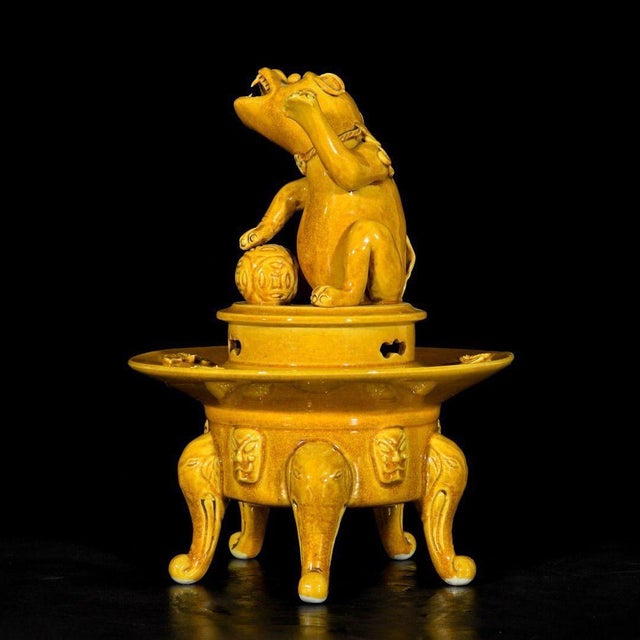 Ceramic Chinese Yellow Glazed Porcelain Censer / Incense Burner With Foo Dog & Elephant Legs For Sale - Image 7 of 9