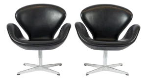 Mid Century Danish Black Leather Swan Chairs by Arne Jacobsen for Fritz Hansen