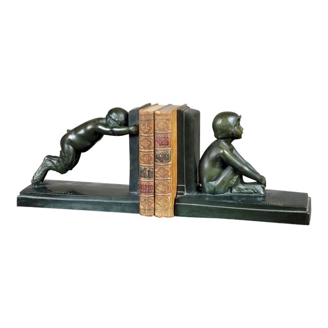 Paul Silvestre -Boy & Girl Satyr -1920s Art Deco Bronze Bookends French Sculpture “Sit and push”, Art Deco bronze bookends...