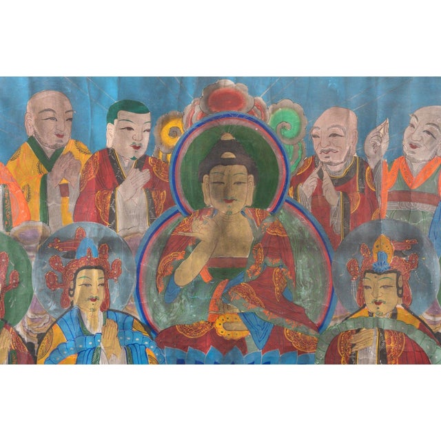 Traditional Large 19th Century Tibetan Thangka Painting of Buddha and Attendant Deities For Sale - Image 3 of 11