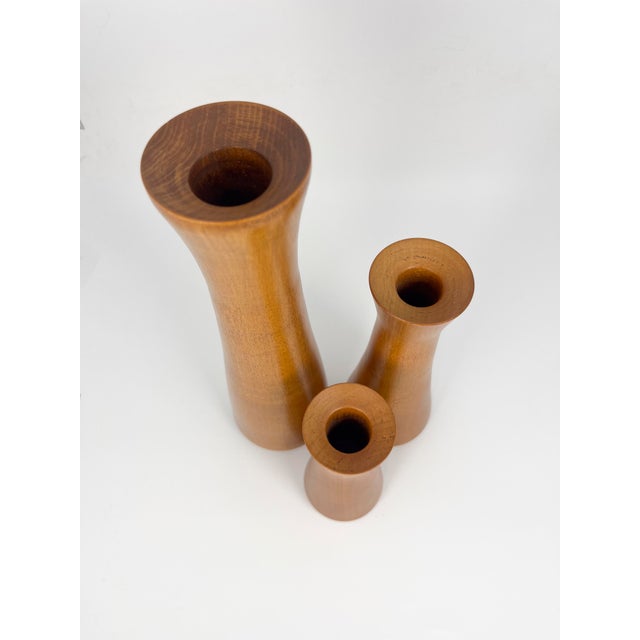 Vintage MCM Set of 3 Turned Wood Tapered Candle Holders For Sale - Image 6 of 8