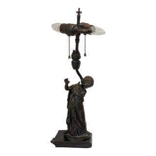 Antique Bronze Lamp Featuring a Girl Holding a Dove by A. Messina For Sale
