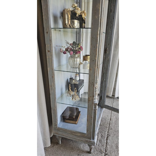 1930s Vitrine Cabinet, French Bluish Display Cabinet/ Case, Cracked / Peeling Finish For Sale - Image 11 of 18