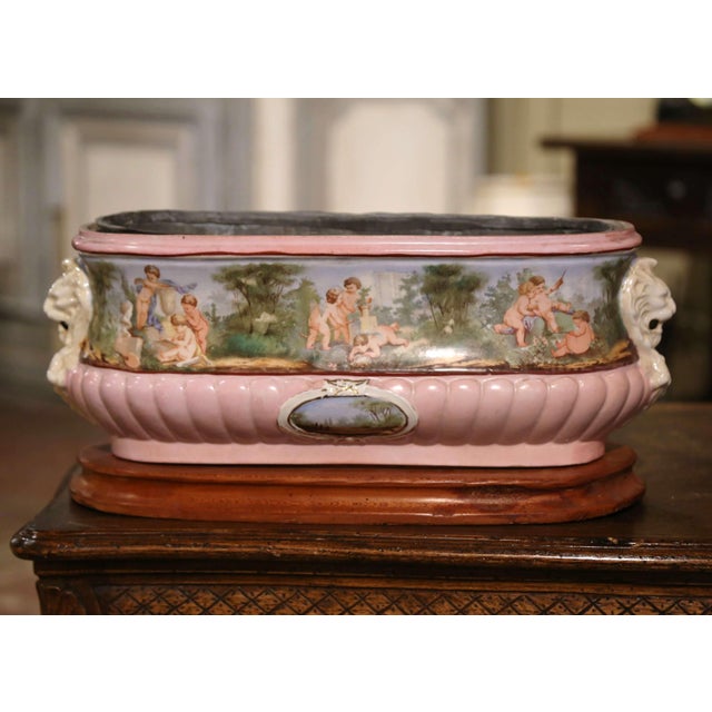 Late 19th Century 19th Century French Hand Painted Faience Jardinière on Wood Base With Zinc Tray For Sale - Image 5 of 8
