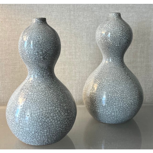 Mid 20th Century Vintage Japanese Raku Crackle Glaze Studio Art Pottery Showa Period Gourd Shape Vases - A Pair For Sale - Image 5 of 17