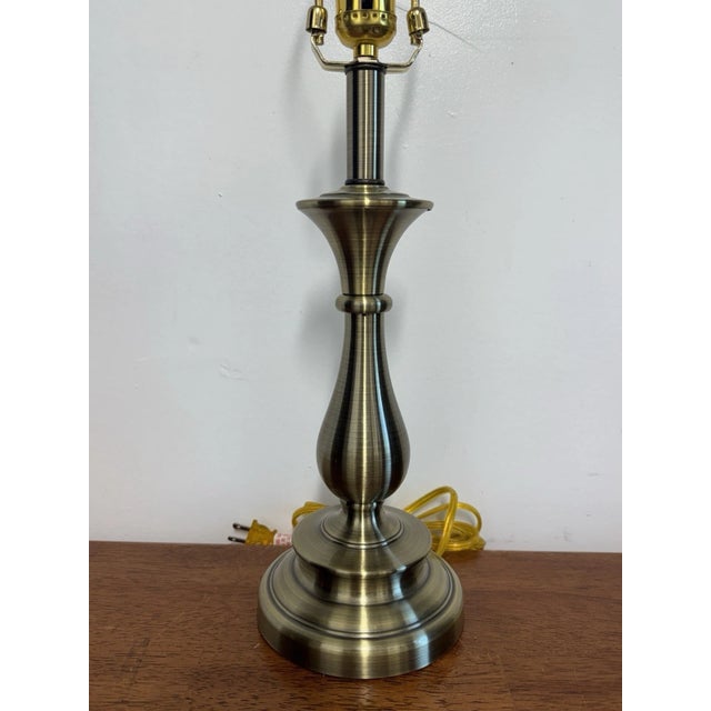 1970s Vintage Stiffel Solid Brass Table Lamp Antique Finish W/ Original Shade Working For Sale - Image 5 of 12