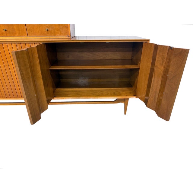 Wood Mid-Century Modern Walnut & Cane 2-Piece Tambour Hutch For Sale - Image 7 of 10