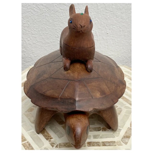 1970s Ooak Wood Sea Turtle/Rabbit/Emerald/Lapis Box For Sale - Image 4 of 10