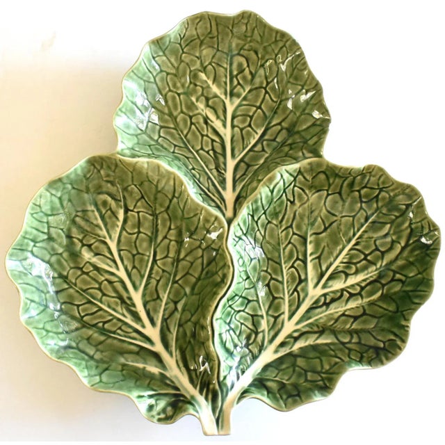 Ceramic Portuguese Majolica Cabbageware 3-Section Serving Dish For Sale - Image 7 of 7