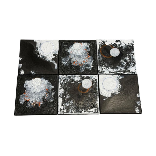 Set of four black and white acrylic and ink paintings on canvas, each measuring 8" by 8". Created by artist Yvonne Jean...