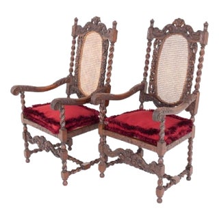 Cromwellian Farmhouse Carved Oak Twist Barley Armchairs, 1890s, Set of 2 For Sale