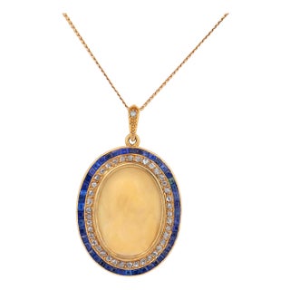 1900-1909 Victorian Diamond Sapphire Cameo 18k Yellow Gold Necklace For Sale