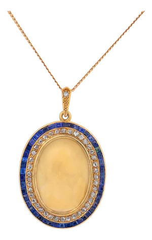 1900-1909 Victorian Diamond Sapphire Cameo 18k Yellow Gold Necklace