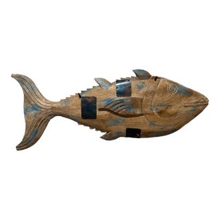 Massive Hand-Carved Rustic Wooden Fish Sculpture With Iron Accents For Sale