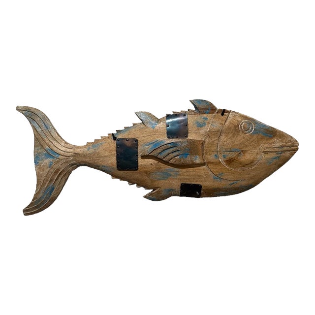 Massive Hand-Carved Rustic Wooden Fish Sculpture With Iron Accents For Sale