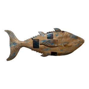 Massive Hand-Carved Rustic Wooden Fish Sculpture With Iron Accents