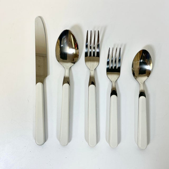 1970s Vintage Boho Chic Contemporary Stainless Steel White Handle Flatware - Set of 40, Service for 8 For Sale - Image 9 of 12