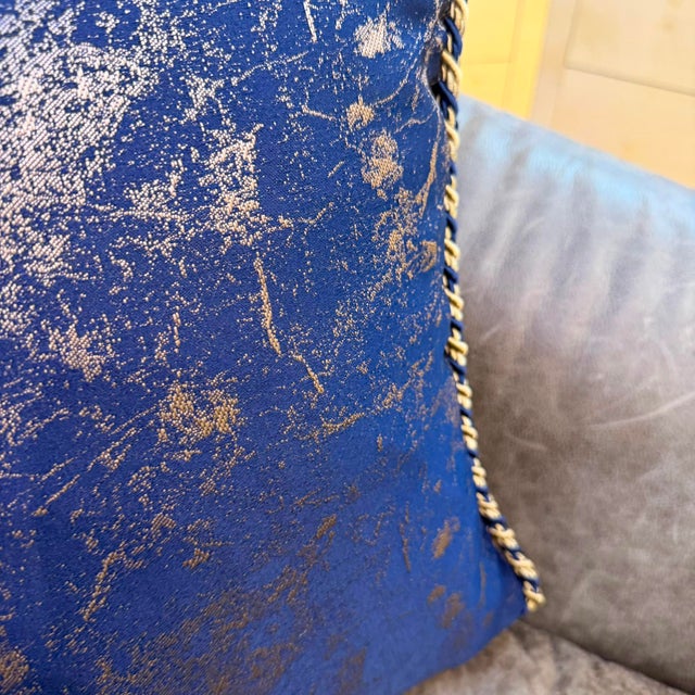 Navy Blue Abstract Cushion Cover With Twisted Rope Trim For Sale - Image 8 of 10
