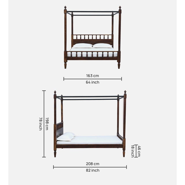 Handcrafted Solid Mango Queen Size Four Poster Bed in Teak Finish | Traditional Colonial Style Wooden Canopy Bed | Bedroom Furniture From India For Sale - Image 4 of 5