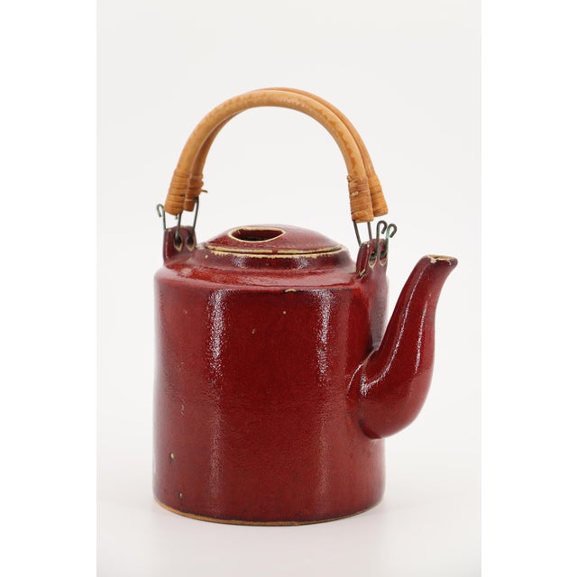 1900s Chinese Oxblood Glaze Stoneware Teapot With Bamboo Handles For Sale - Image 9 of 13