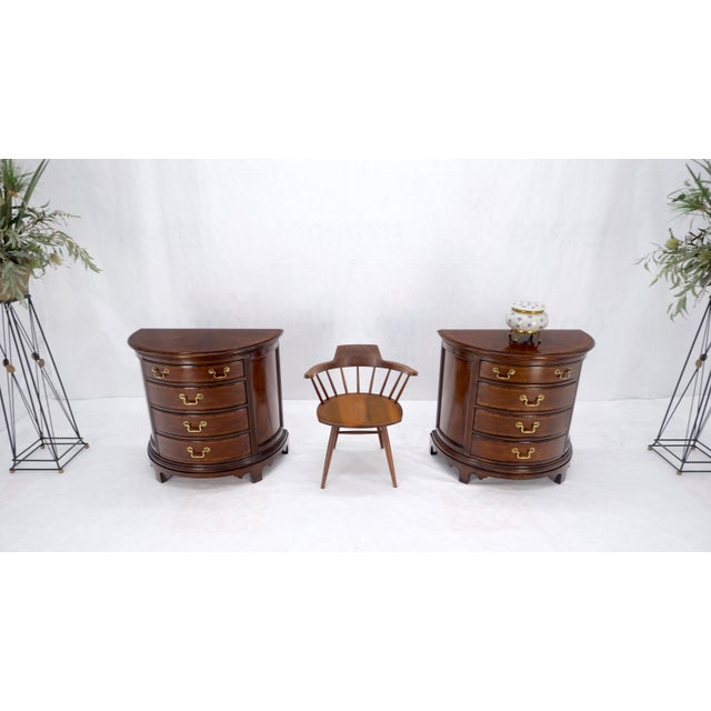 Wood Pair of 4 Drawer Banded Top Demi Lune Consoles Dressers Brass Drop Pulls MINT! For Sale - Image 7 of 16