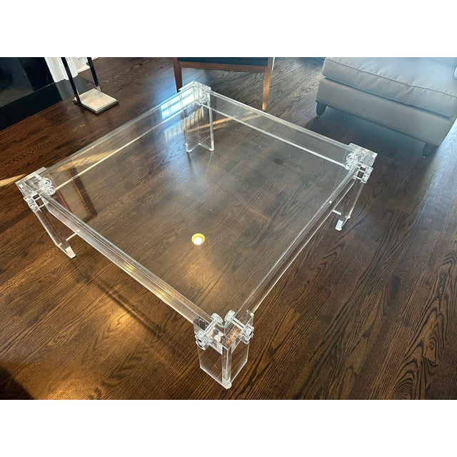 Transparent Transitional Thick Polished Lucite Base Glass Top Square Coffee Table Merchandise Mart For Sale - Image 8 of 11