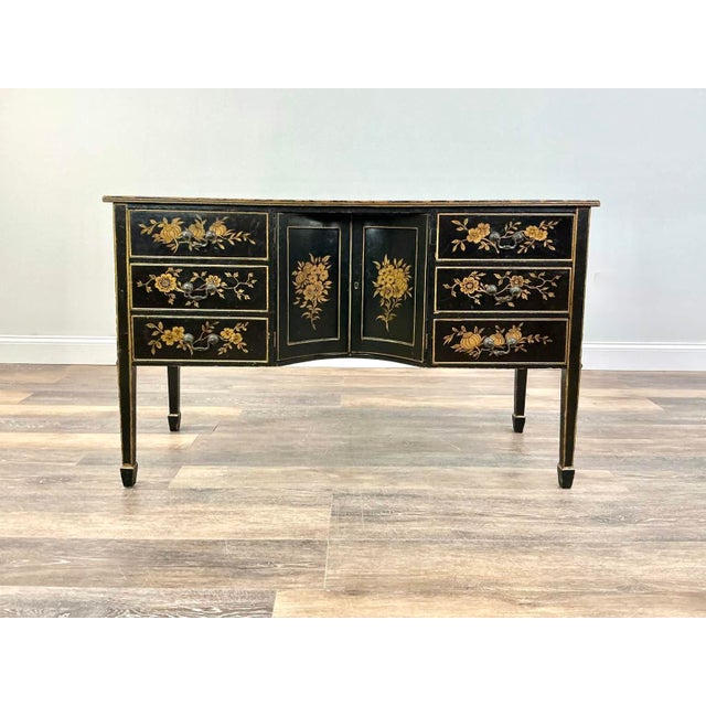 1940s Mid-Century Chinoiserie Black Lacquer Hand-Painted Floral Sideboard / Buffet Cabinet For Sale - Image 12 of 17