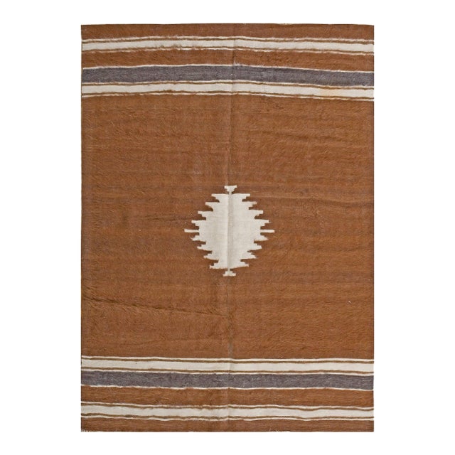 1930s Brown Medallion Kilim Antique Turkish Mohair Flat-Weave Rug 4'3" X 6' Wool Carpet For Sale