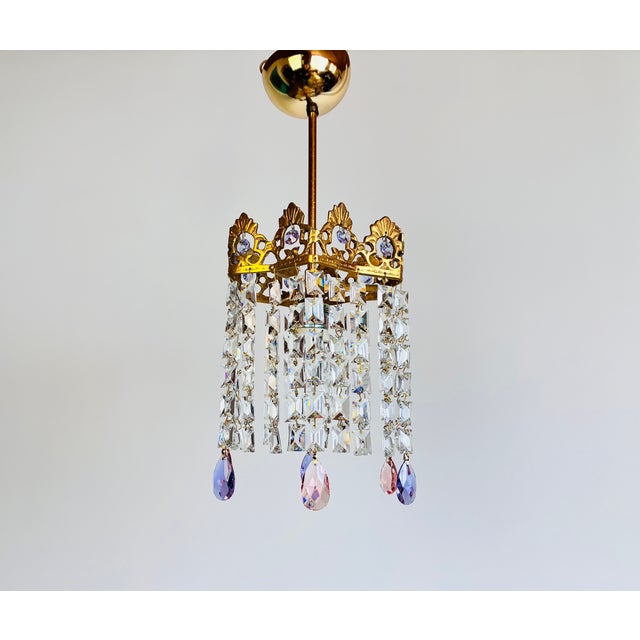 Vintage Brass Crystal Mini Chandelier With Pink Purple Prisms For Sale - Image 9 of 13