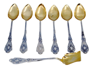 Silver Coffee Spoons and Sugar Shovel with Shells-Embossed Handles, Set of 6