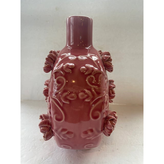Contemporary Chinese Porcelain Vase Hand Sculpted Pink Flowers For Sale - Image 3 of 10