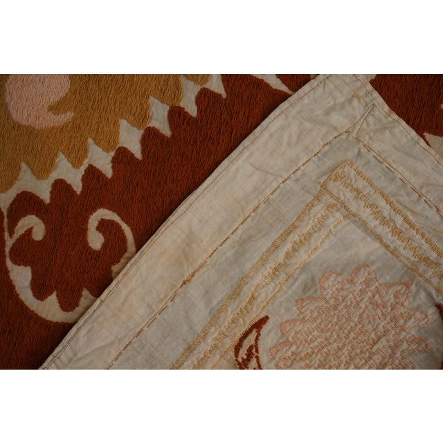 Uzbek Suzani: Rust & Pink Embroidered Cotton Textile 4'3'' X 4'4'' For Sale - Image 11 of 12
