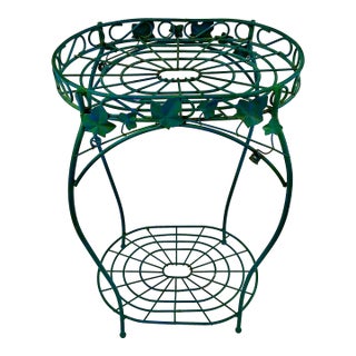 1980s Vintage English Rustic European Tole Ivy Oval Plant Stand, Verdigris Finish For Sale