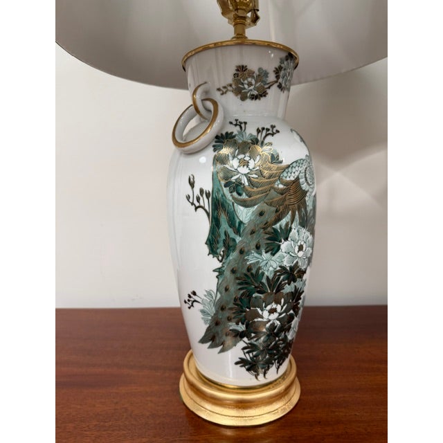 Mid 20th Century Pair of Vintage Mid Century Modern Japanese Kutani Hand Painted Table Lamps With Peacock, Flowers and Gold For Sale - Image 5 of 11
