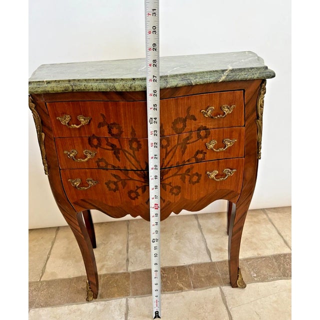 Brown 1900s Antique French Small Bombe Commode with Green Marble Brass Ormolu For Sale - Image 8 of 11