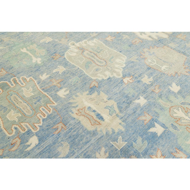 Sky Blue Hand-Knotted Modern Oushak Wool Rug in Soft Sky Blue, Cream & Muted Teal For Sale - Image 8 of 11